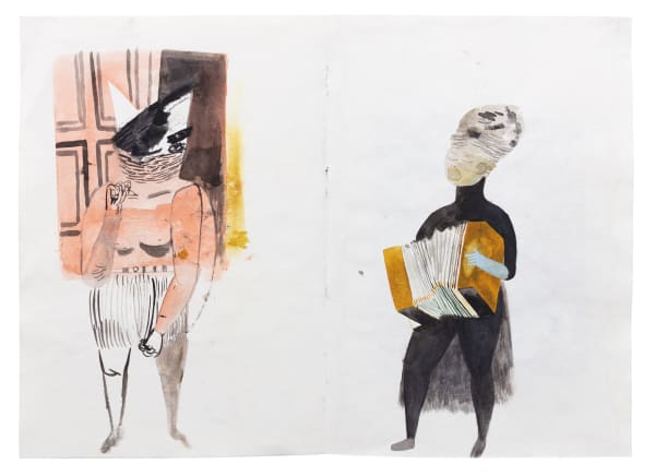 Kenny Rivero, Women in a Bedroom (R) Accordion Player (Blue Hand) (L), 2016-2020