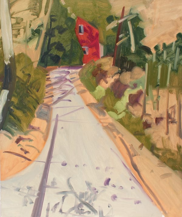 Lois Dodd Road + Red House, 1980 Oil on masonite 15 5/8 x 13 inches (39.7 x 33 cm)
