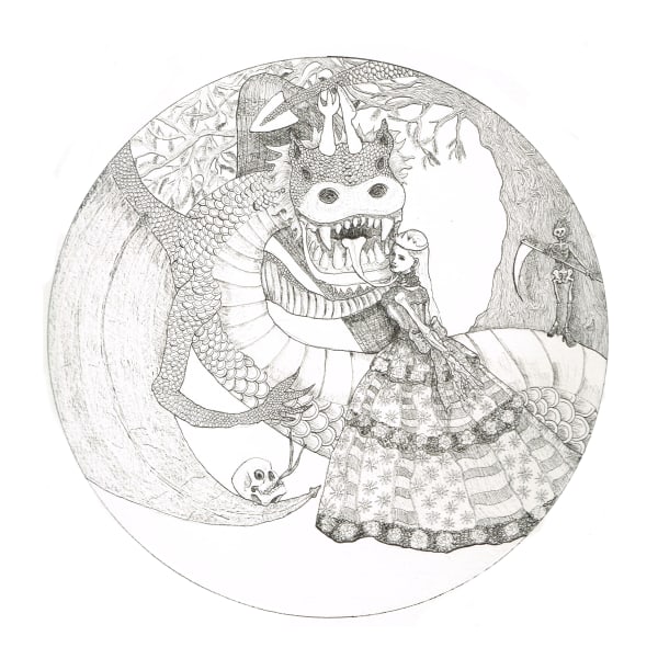 A Dragon Devouring a Princess next to a Yew Tree, 2022 Ink on Two Rivers Paper 40.5 x 42cm (unframed)