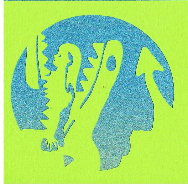 Margaret Emerging from a Dragon (lime on blue glitter), 2022 papercut (two layer) 15x15cm