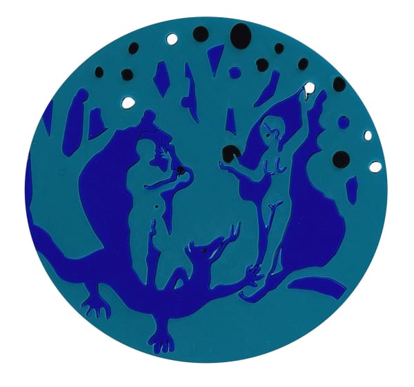 Temptation in Eden, teal, blue, black white acrylic signage sheet cut into a circle featuring adam eve and dragon. Charlie Kirkham art