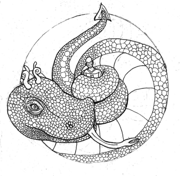 Coiling Saint George, 2022 Ink on two rivers paper 14x13cm