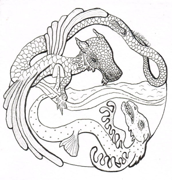 Land and Sea (Behemoth & Leviathan), 2022 Ink on two rivers paper 14x14cm