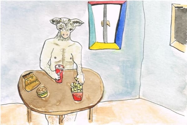 A lonely Minotaur eats junk food alone in his room, 2012 Ink & watercolour on paper 6x4" approx. 15x10cm