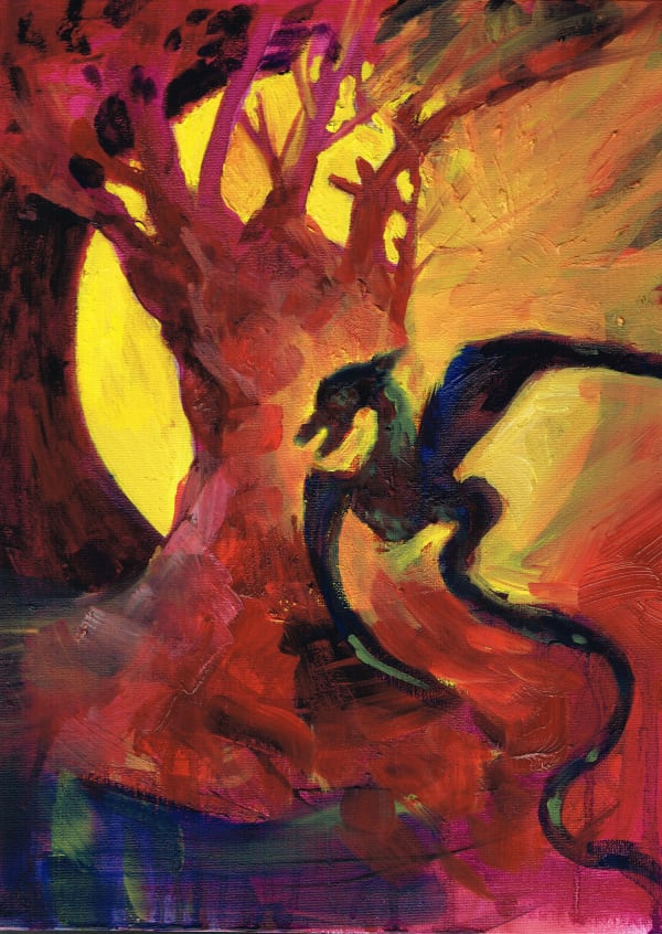 Charlie Kirkham "The Dragon at Sunrise" oil on board, 12x16", 2023