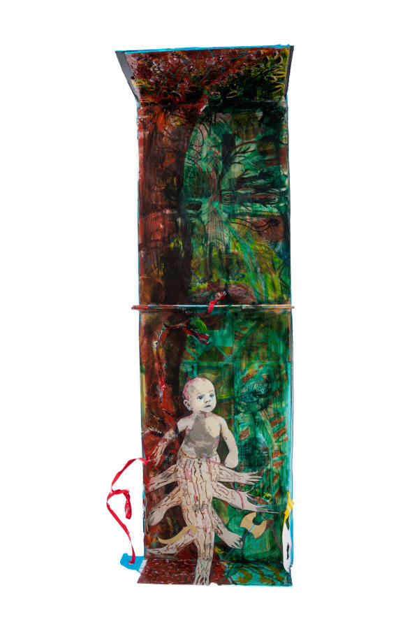 Birth of Briareus in the Forest, 2021 Mixed media, resin and collage on cardboard and MDF. Mounted onto wooden hanging board. 102 h x 23 w x 23 d cm