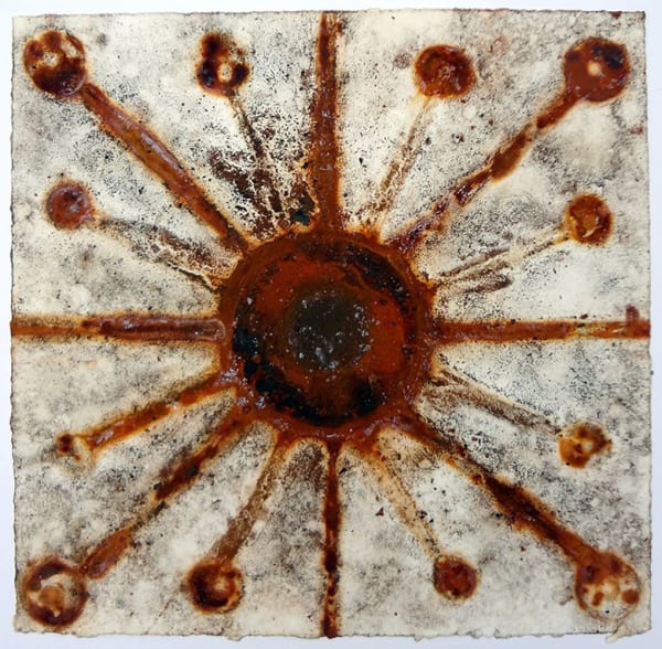 Jeffrey Allen Price Satellite Mixed media on corrosion paper 8 x 8" unframed 14.25 x 14.25" framed