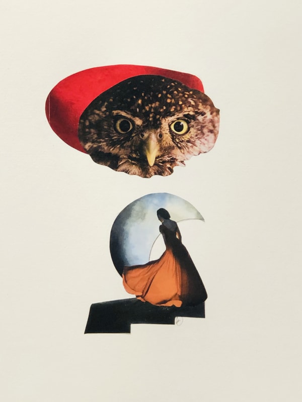 Eve Ozer Moon Goddess Visits the Owl Queen, 2020 Collage 12 x 9" unframed 16.25 x 13.75" framed