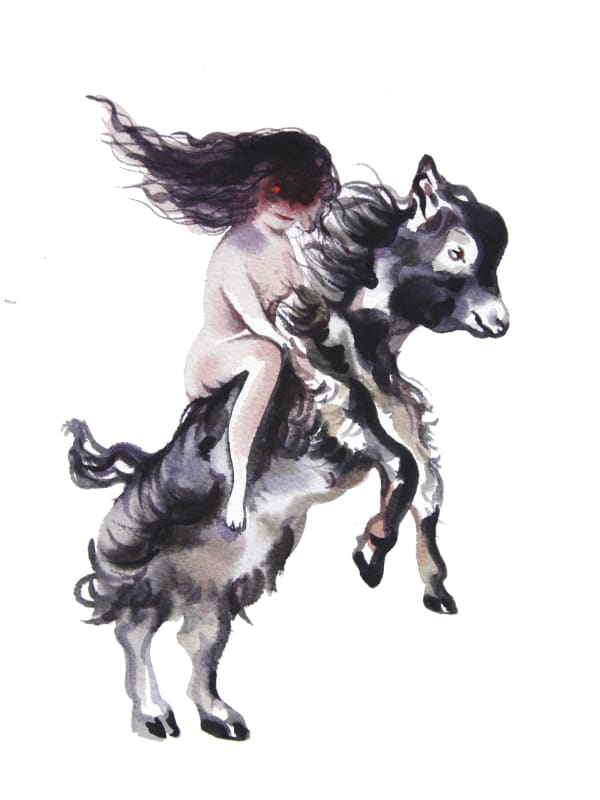 Stella Sujin, Sorcière chevauchant un bouc sans cornes, Witch riding a hornless goat, 2023