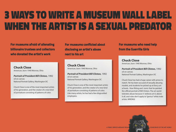 Guerilla Girls, The 3 Ways To Write A Wall Label When the Artist is a Sexual Predator, 2018