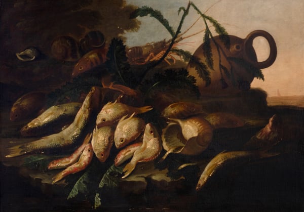 ELENA RECCO, Still life with fish and crustaceans, the sea visible beyond