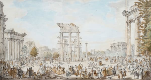 An imaginary view of the Forum Romanum with the restoration of the Temple of Castor and Pollux