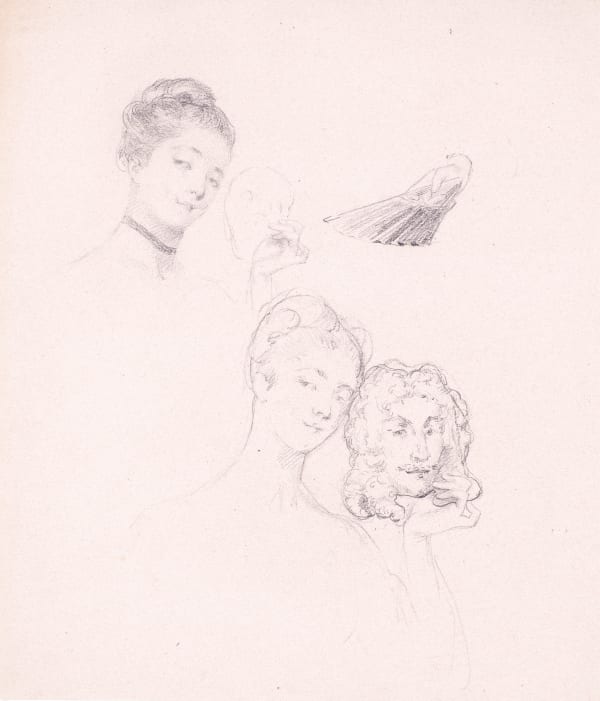 MARIE BRACQUEMOND, Two studies of a young woman with a mask and study of a hand holding a fan, c. 1880