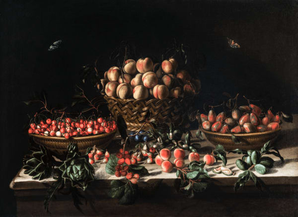 AGOSTINO VERROCCHI, Basket of peaches, plums, cherries, almonds, hazelnuts, pears, apricots and artichokes on a stone ledge, c. 1630