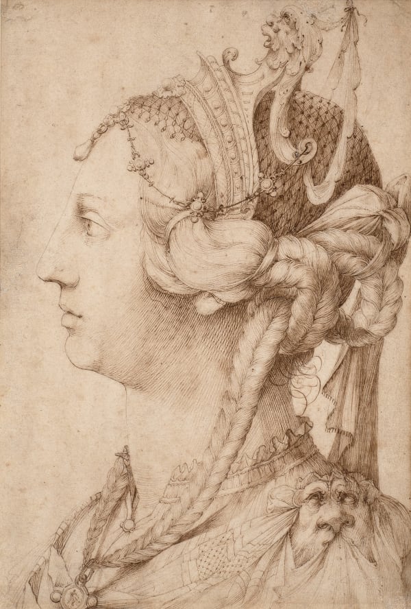 An ideal head of a woman with an elaborate headdress