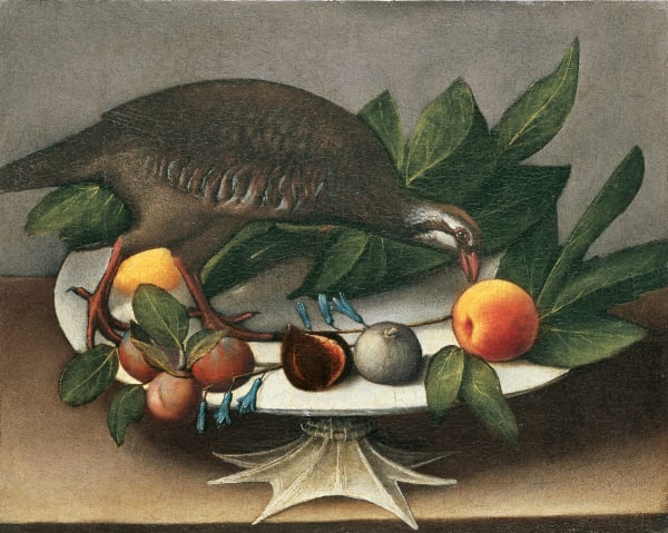 URSULA MADDALENA CACCIA, A ceramic bowl of fruits with a red partridge