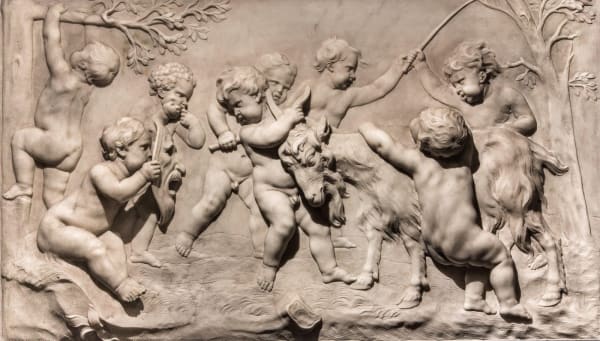 JAN BAPTIST XAVERY, A pair of marble reliefs with playful putti