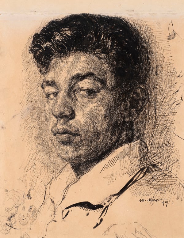 MAX HÖSER, Self-portrait, with a hand study, 1919