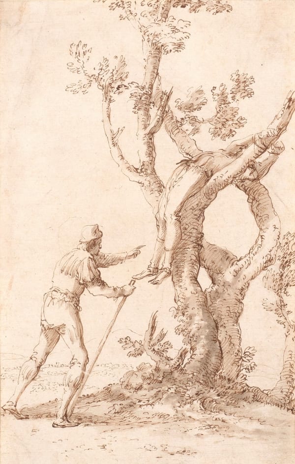 SALVATOR ROSA, A figure tied to a tree discovered by a man walking