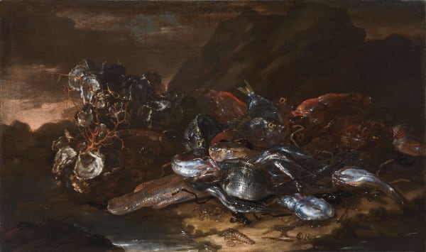 GIUSEPPE RECCO, A marine landscape with scorpionfish, bream, garfish, a cuttlefish, crustaceans, oysters and corals on a rock, c. 1690s