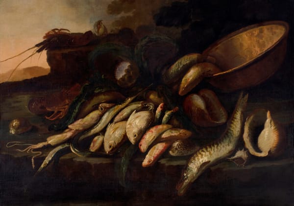 ELENA RECCO, Still life with fish and shells upon a stone ledge before a copper bowl