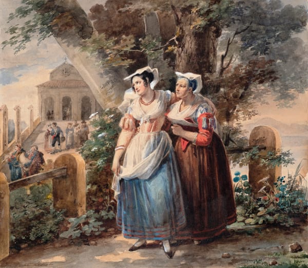 ANTOINETTE CÉCILE HORTENSE HAUDEBOURT-LESCOT, A young woman consoled by her mother, as the man she loves marries another, c. 1830
