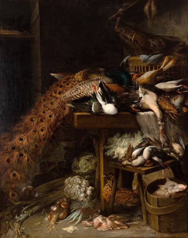 PETER VAN BOUCLE, Still life of game, vegetables, a pig, and a boar’s head in a basket