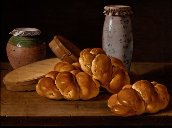 LUIS EGIDIO MELÉNDEZ, A dessert still life with sweet rolls, jelly boxes and two honey pots