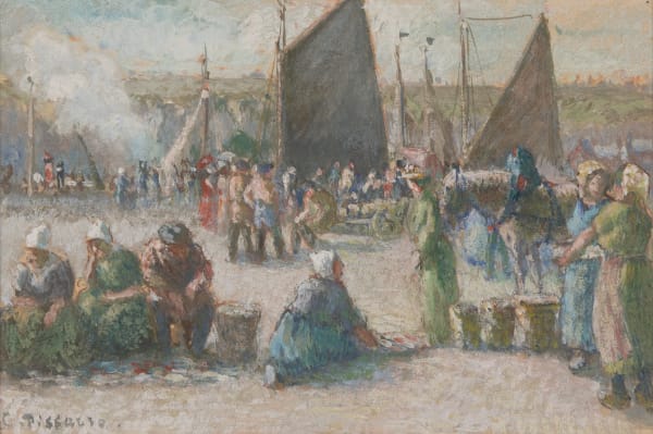 Camille Pissarro Marché aux poissons, Dieppe, 1901 Gouache on silk 6 1/4 x 10 1/4 in, 16 x 26 cm Signed 'C. Pissarro' lower left