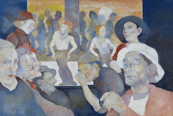 Eric Tucker Strange Theatre Oil on board 23 x 35 in, 58.4 x 88.9 cm Signed 'ETucker' lower left On view at Alon Zakaim Fine Art