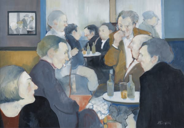 Eric Tucker Bar Scene with Tucker Painting on Wall Oil on board 15 1/8 x 22 1/8 in, 38.2 x 56.2 cm Signed 'ETucker' lower right On view at AZFA