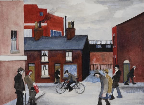Eric Tucker Street Scene in Reds Watercolour on paper 4 x 6 in, 10.2 x 15.2 cm On view at Connaught Brown