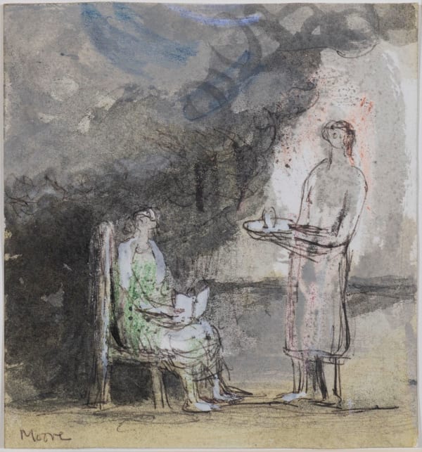 Henry Moore Teatime, 1981 Ballpoint pen, wax crayon, gouache, watercolour wash on T.H. Saunders watercolour paper 5 1/2 x 5 1/8 in, 14 x 13 cm Signed 'Moore' lower left
