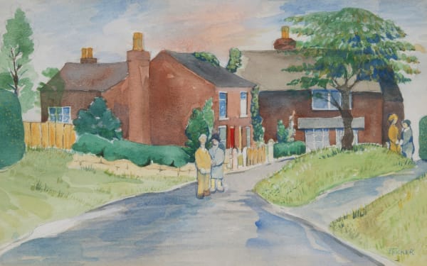 Eric Tucker Two Couples in a Lane Watercolour and pencil on paper 17 x 27 cm Signed 'E Tucker' lower right