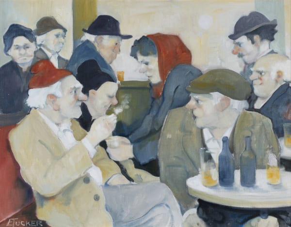 Eric Tucker Ciggie in Hand Talks to Flat Cap Oil on canvas 14 1/8 x 18 in, 35.9 x 45.7 cm Signed 'ETucker' lower left On view at Alon Zakaim Fine Art