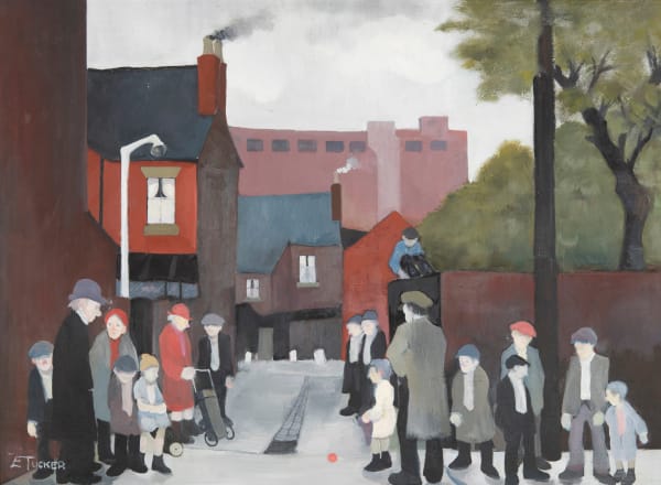 Eric Tucker Street Scene, Boy on Wall Oil on board 48 x 63 cm Signed 'E Tucker' lower left