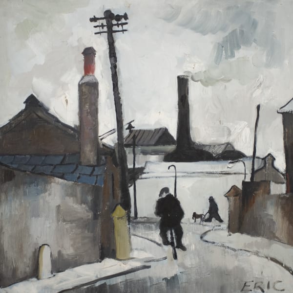 Eric Tucker The Cyclist, c.1960-70 Oil on board 17 1/2 x 17 3/8 in, 44.4 x 44 cm Signed 'Eric' lower right On view at Alon Zakaim Fine Art