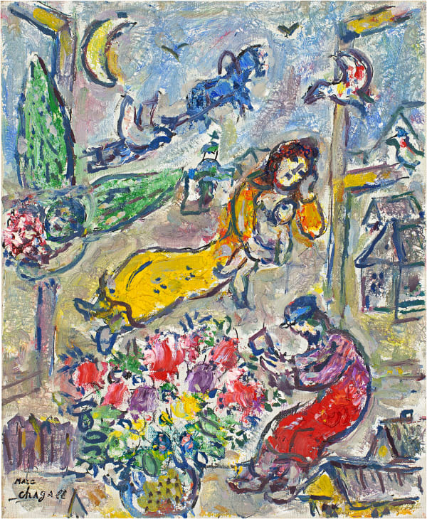 Marc Chagall Fenêtre ouverte sur famille au village, 1962 Oil, Indian ink, coloured ink and pencil on canvas 10 1/2 x 8 5/8 in, 26.7 x 21.9 cm Estate stamp 'Marc / Chagall' lower left