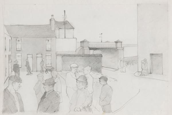 Eric Tucker Preparatory Drawing for 'People Near Railway Bridge' Pencil on paper 28.4 x 41.9 cm On view at Connaught Brown