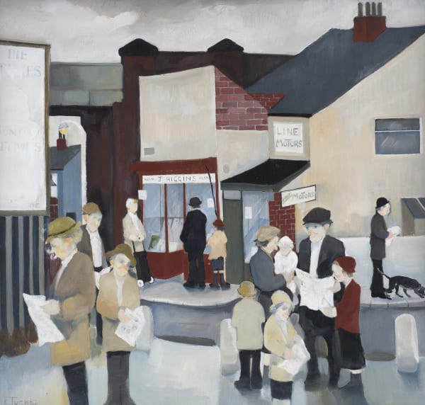 Eric Tucker The Reading Public Oil on board 18 x 19 1/8 in, 45.7 x 48.5 cm Signed 'ETucker' lower left On view at Connaught Brown