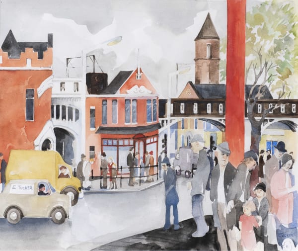 Eric Tucker Deansgate with E Tucker Van Watercolour and pencil on paper 11 1/8 x 15 3/8 in, 28 x 39 cm Signed lower right 'ETucker' On view at Connaught Brown