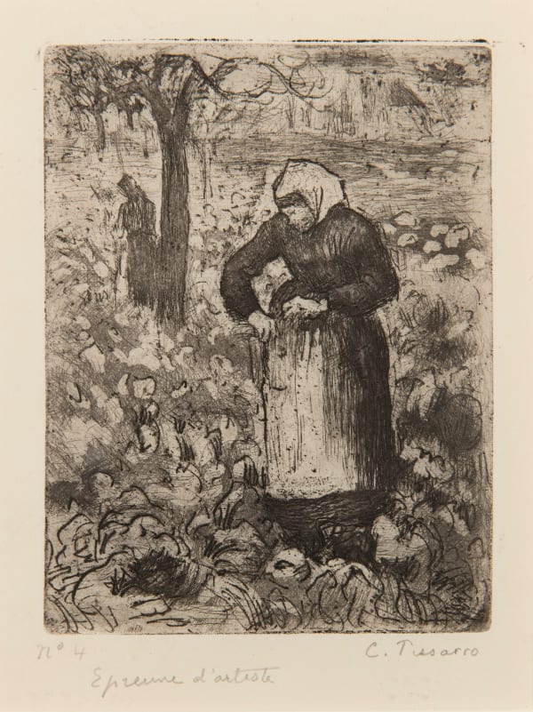 Camille Pissarro Paysanne dans le Choux, 1885 Etching, drypoint and aquatint laid on paper 11 1/2 x 9 1/4 in, 29.3 x 23.6 cm Signed in pencil and inscribed ‘Epreuve d’artiste’ and ‘no.4’ Laid on paper with full margins Second and final state One of 8 impressions of this state pulled by the artist, from the edition of 14 stamped and numbered lifetime impressions An additional 24 were printed posthumously