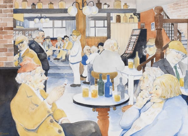 Eric Tucker Happy Hour Watercolour on paper 14 x 19 in, 35.6 x 48.3 cm Signed 'ETucker' lower left On view at Connaught Brown