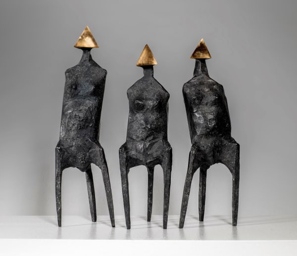 Lynn Chadwick Three Standing Figures, 1987 Bronze Conceived in 1987 and cast in 2000 by Pangolin Figure I: 13 ins, 33 cm Figure II: 12 5/8 ins, 32.1 cm Figure III: 11 3/4 ins, 29.8 cm