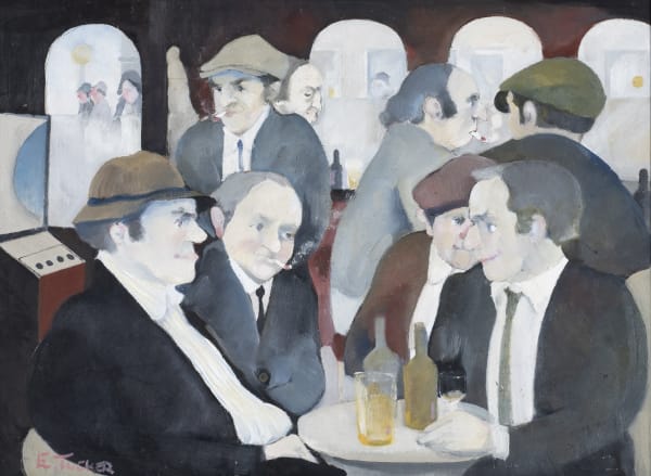 Eric Tucker Conspirators Oil on board 12 x 16 in, 30.5 x 40.6 cm Signed 'ETucker' lower left On view at Connaught Brown