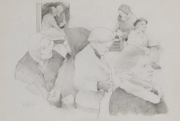 Eric Tucker Market People Montage Pencil on paper 28.3 x 41.9 cm Signed 'E Tucker' lower left On view at Connaught Brown