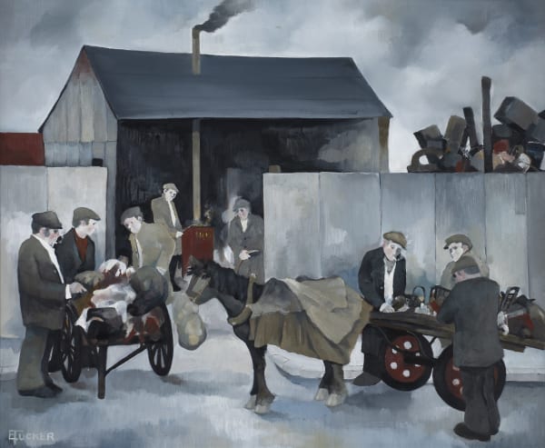 Eric Tucker Pricing Up at the Scrapyard Oil on board 17 x 21 in, 43.2 x 53.3 cm Signed 'ETucker' lower left On view at Connaught Brown