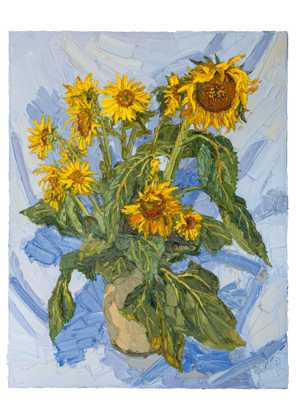 Emily Faludy, Sunflowers on a Blue Cloth, 2024