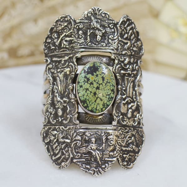 Jill Garber, WISDOM COLLECTION GRANDE FIGURAL STORY CUFF WITH LARGE GREEN TURQUOISE CABOCHON
