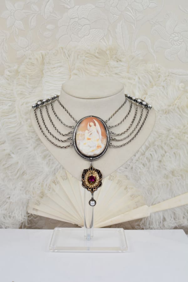 Jill Garber, A RARE, LARGE, MUSEUM QUALITY HAND CARVED VENETIAN CAMEO DEPICTING AN ARCHANGEL BIB NECKLACE